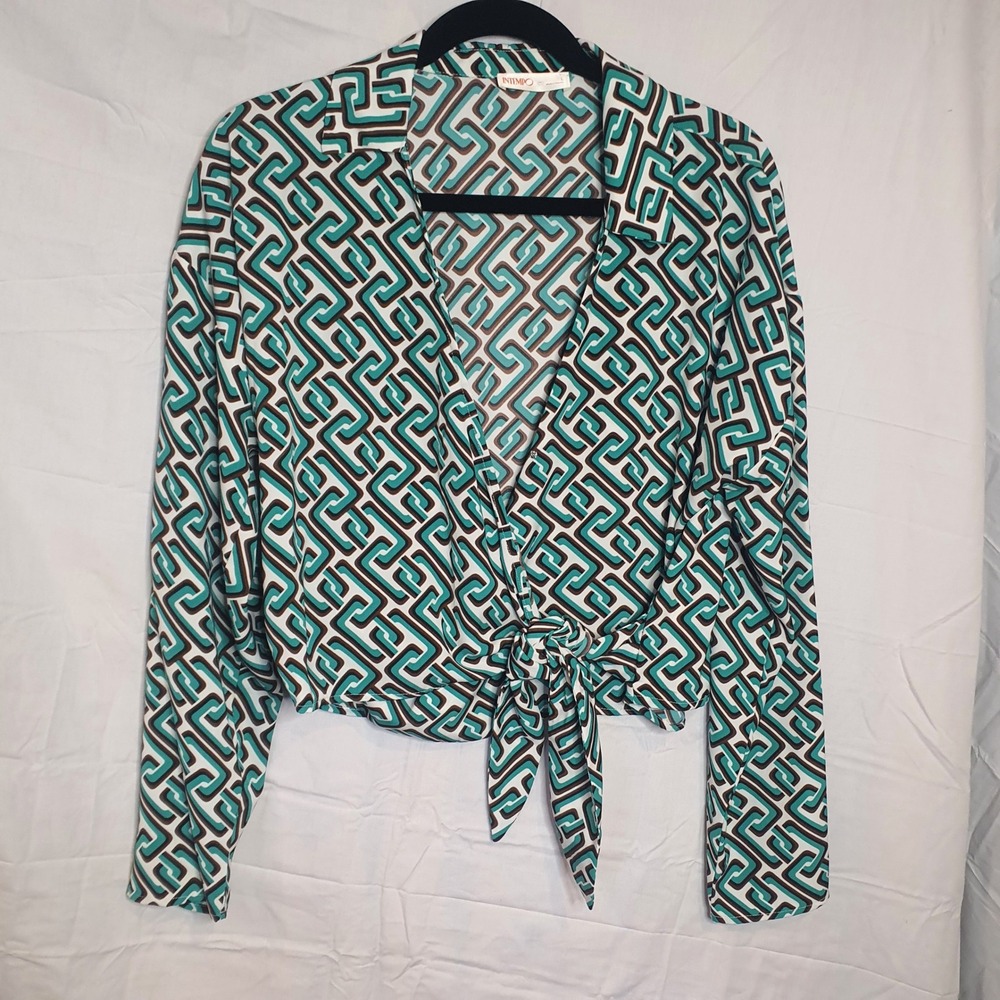 Intempo Teal Brown Geometric Greek Key Long Sleeve Tie Front Wrap Blouse‎ Top